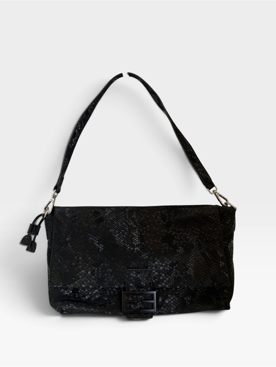 Handbags - Black Snake-Embossed Shoulder Bag - Unbranded